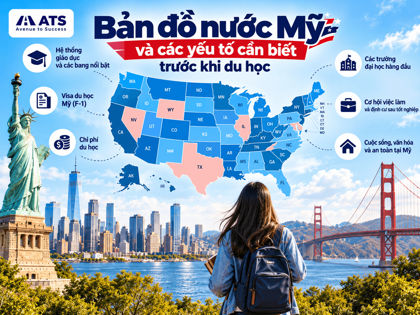 Bản đồ nước Mỹ v&agrave; c&aacute;c yếu tố quan trọng cần biết trước khi du học Mỹ như visa F1, chi ph&iacute;, hệ thống gi&aacute;o dục, trường đại học h&agrave;ng đầu v&agrave; cơ hội việc l&agrave;m.